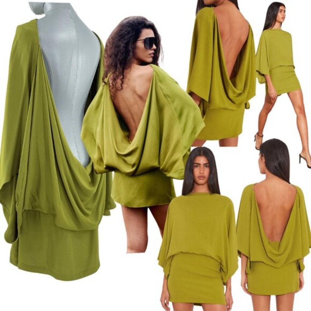 🆕 RAT & BOA 🧿 NWOT Rumi Draped Long Sleeve Cowl Back Mini Dress, Green Sz XXL